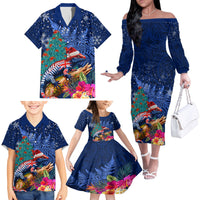 New Zealand Tuatara Christmas Family Matching Off The Shoulder Long Sleeve Dress and Hawaiian Shirt Silver Fern and Xmas Pohutukawa Tree Blue Color LT03 - Polynesian Pride