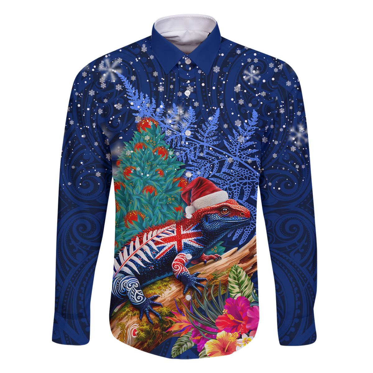 New Zealand Tuatara Christmas Family Matching Off The Shoulder Long Sleeve Dress and Hawaiian Shirt Silver Fern and Xmas Pohutukawa Tree Blue Color LT03 Dad's Shirt - Long Sleeve Blue - Polynesian Pride