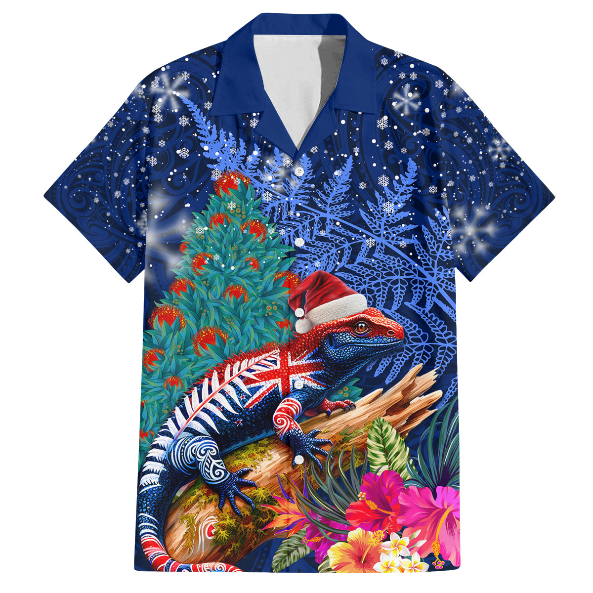 New Zealand Tuatara Christmas Family Matching Off Shoulder Maxi Dress and Hawaiian Shirt Silver Fern and Xmas Pohutukawa Tree Blue Color LT03 Dad's Shirt - Short Sleeve Blue - Polynesian Pride