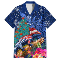 New Zealand Tuatara Christmas Family Matching Off Shoulder Maxi Dress and Hawaiian Shirt Silver Fern and Xmas Pohutukawa Tree Blue Color LT03 Dad's Shirt - Short Sleeve Blue - Polynesian Pride