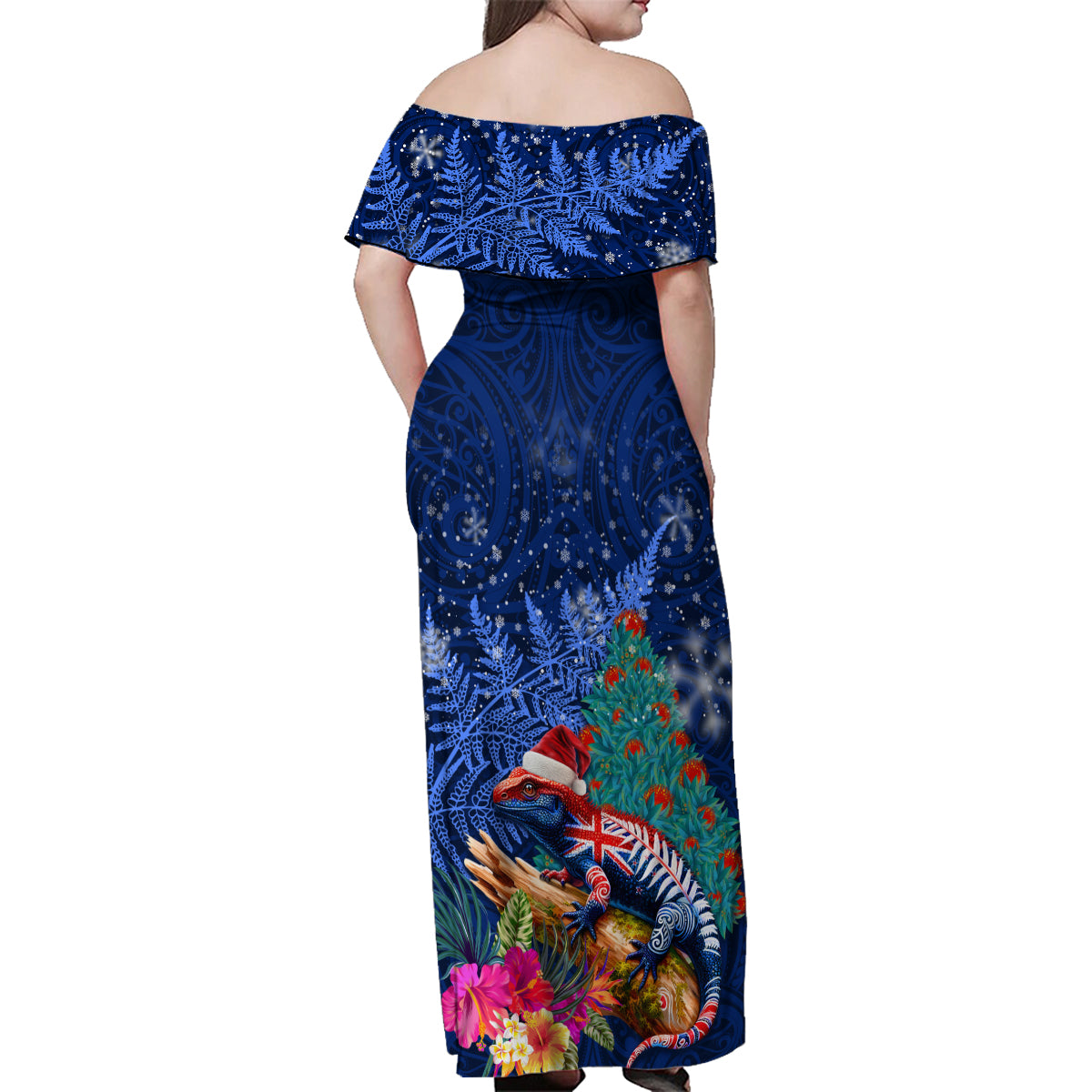 New Zealand Tuatara Christmas Family Matching Off Shoulder Maxi Dress and Hawaiian Shirt Silver Fern and Xmas Pohutukawa Tree Blue Color LT03 - Polynesian Pride