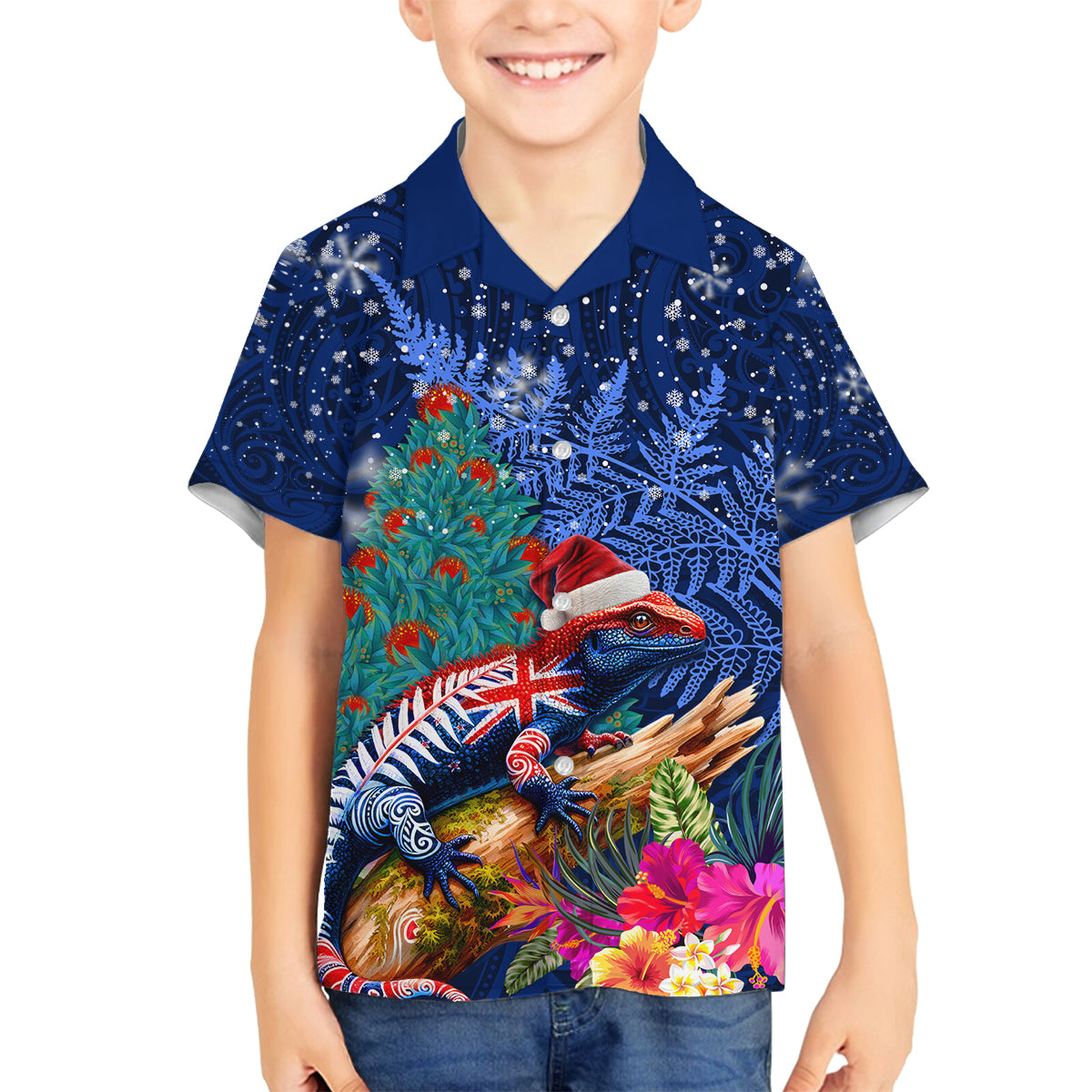 New Zealand Tuatara Christmas Family Matching Off Shoulder Maxi Dress and Hawaiian Shirt Silver Fern and Xmas Pohutukawa Tree Blue Color LT03 Son's Shirt Blue - Polynesian Pride