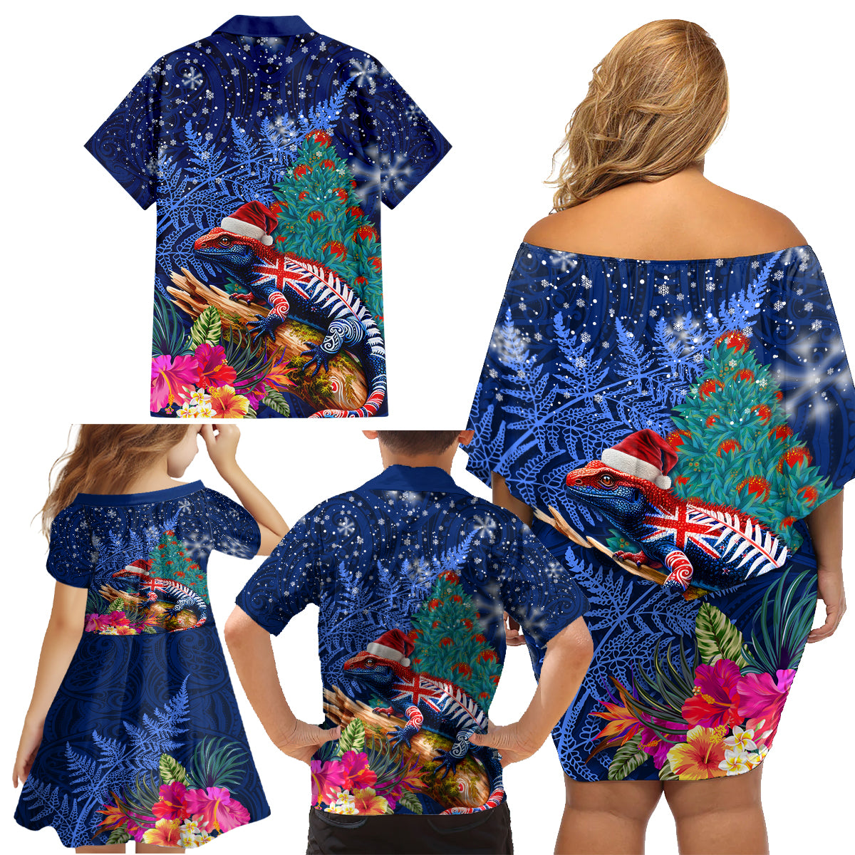 New Zealand Tuatara Christmas Family Matching Off Shoulder Short Dress and Hawaiian Shirt Silver Fern and Xmas Pohutukawa Tree Blue Color LT03 - Polynesian Pride