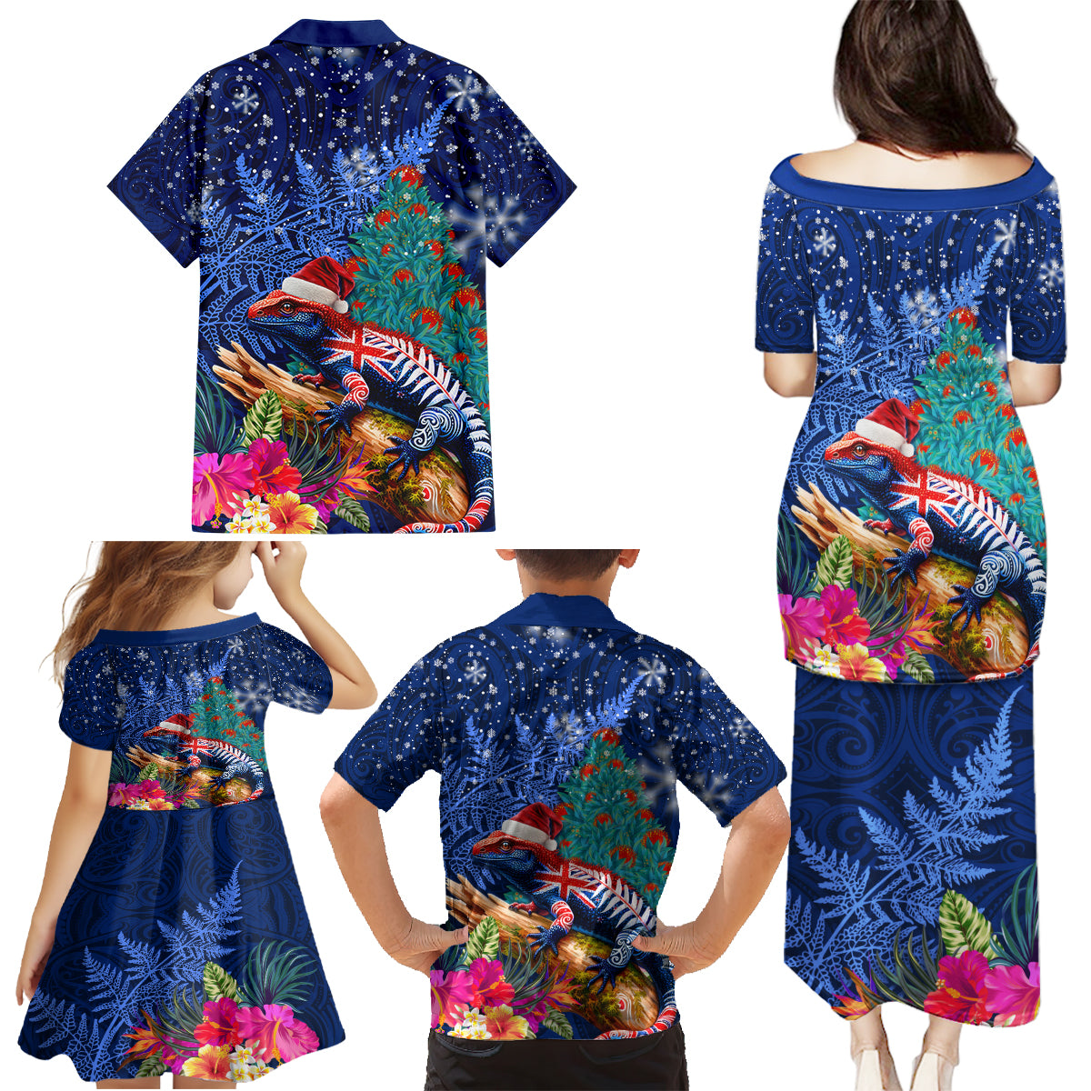 New Zealand Tuatara Christmas Family Matching Puletasi and Hawaiian Shirt Silver Fern and Xmas Pohutukawa Tree Blue Color LT03 - Polynesian Pride
