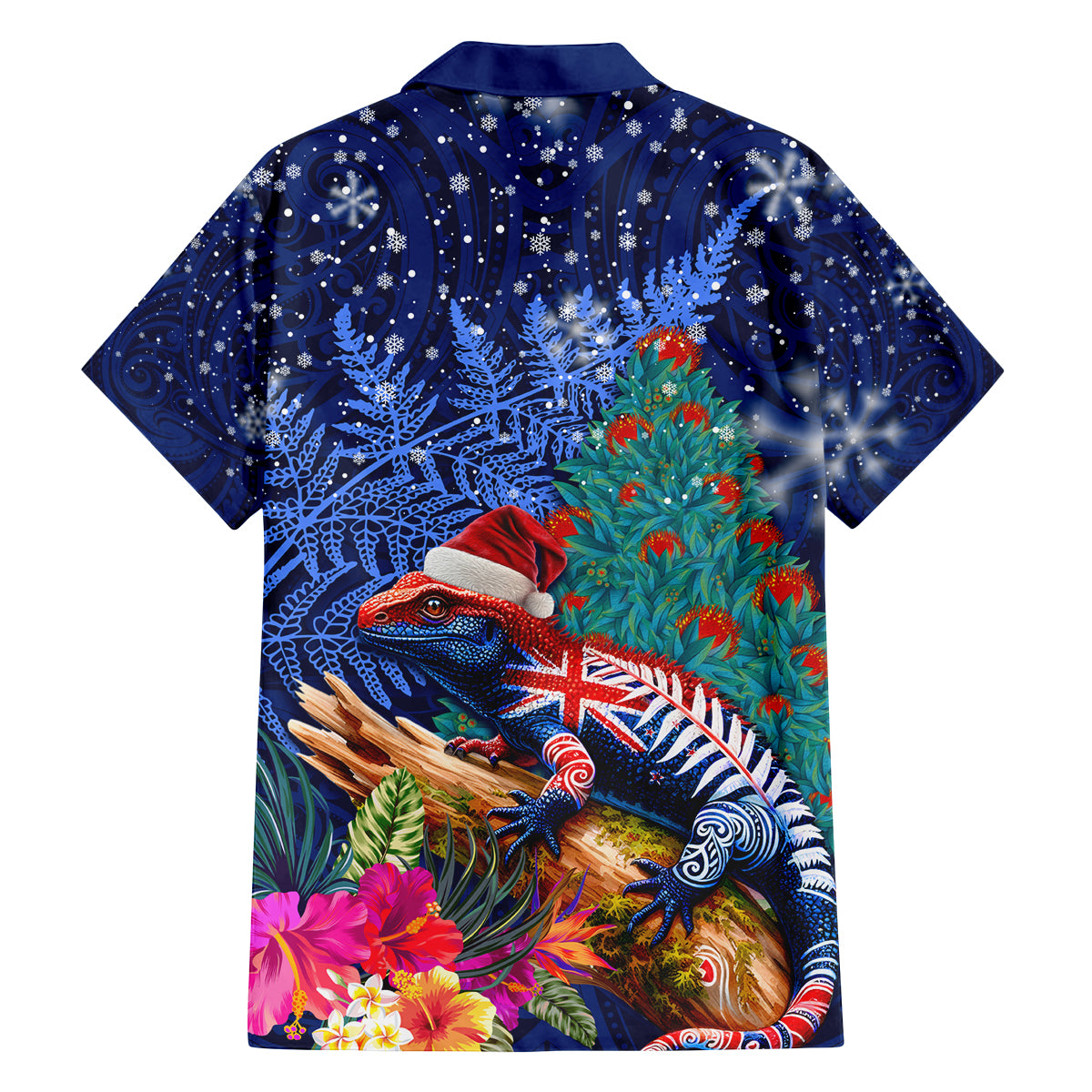 New Zealand Tuatara Christmas Family Matching Puletasi and Hawaiian Shirt Silver Fern and Xmas Pohutukawa Tree Blue Color LT03 - Polynesian Pride