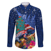 New Zealand Tuatara Christmas Family Matching Puletasi and Hawaiian Shirt Silver Fern and Xmas Pohutukawa Tree Blue Color LT03 Dad's Shirt - Long Sleeve Blue - Polynesian Pride