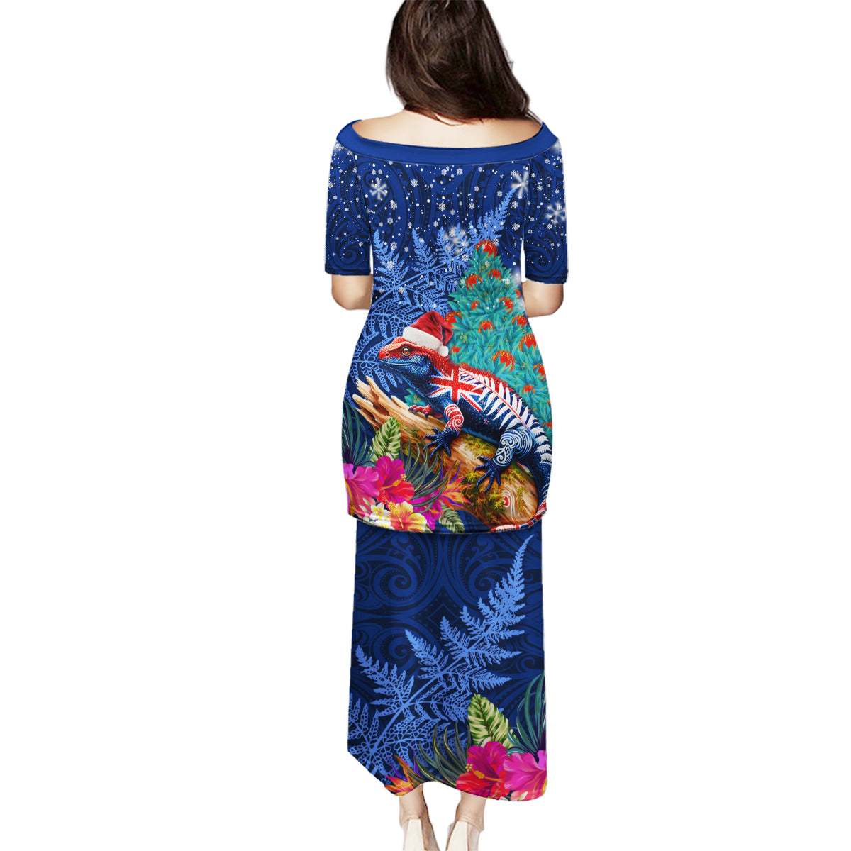 New Zealand Tuatara Christmas Family Matching Puletasi and Hawaiian Shirt Silver Fern and Xmas Pohutukawa Tree Blue Color LT03 - Polynesian Pride