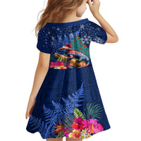 New Zealand Tuatara Christmas Family Matching Short Sleeve Bodycon Dress and Hawaiian Shirt Silver Fern and Xmas Pohutukawa Tree Blue Color LT03 - Polynesian Pride