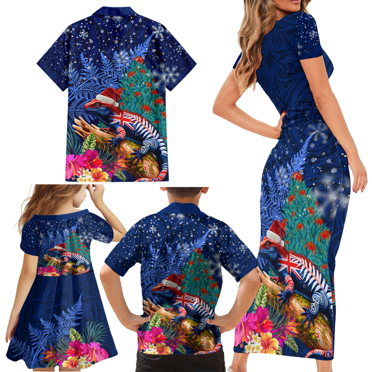 New Zealand Tuatara Christmas Family Matching Short Sleeve Bodycon Dress and Hawaiian Shirt Silver Fern and Xmas Pohutukawa Tree Blue Color LT03 - Polynesian Pride