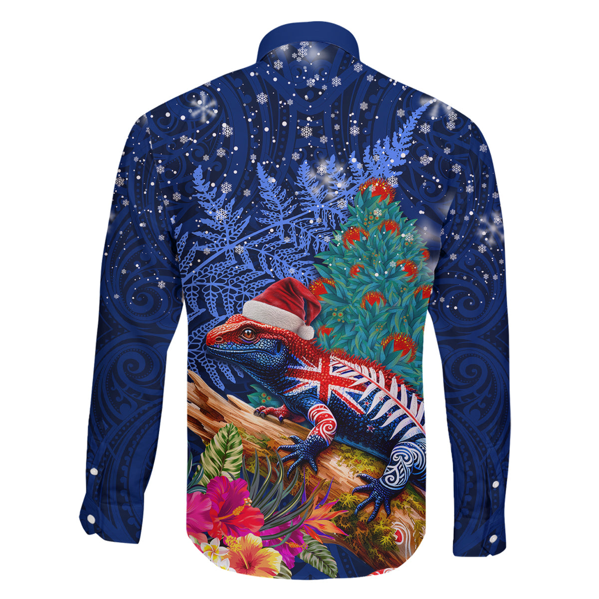 New Zealand Tuatara Christmas Family Matching Tank Maxi Dress and Hawaiian Shirt Silver Fern and Xmas Pohutukawa Tree Blue Color LT03 - Polynesian Pride
