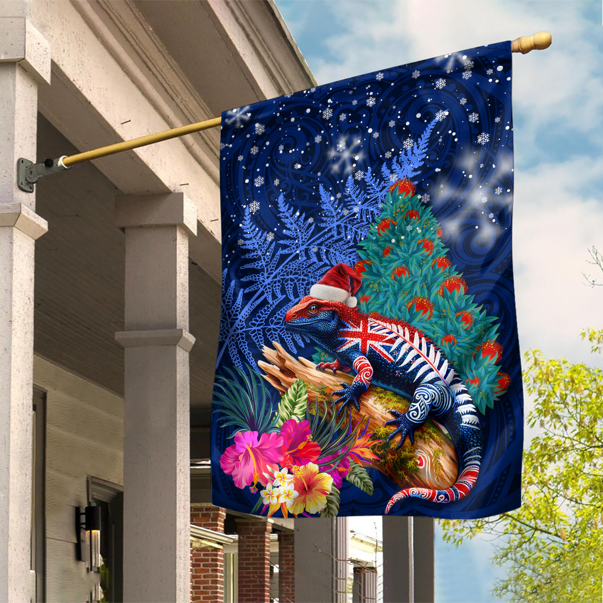 New Zealand Tuatara Christmas Garden Flag Silver Fern and Xmas Pohutukawa Tree Blue Color LT03 House Flag Blue - Polynesian Pride