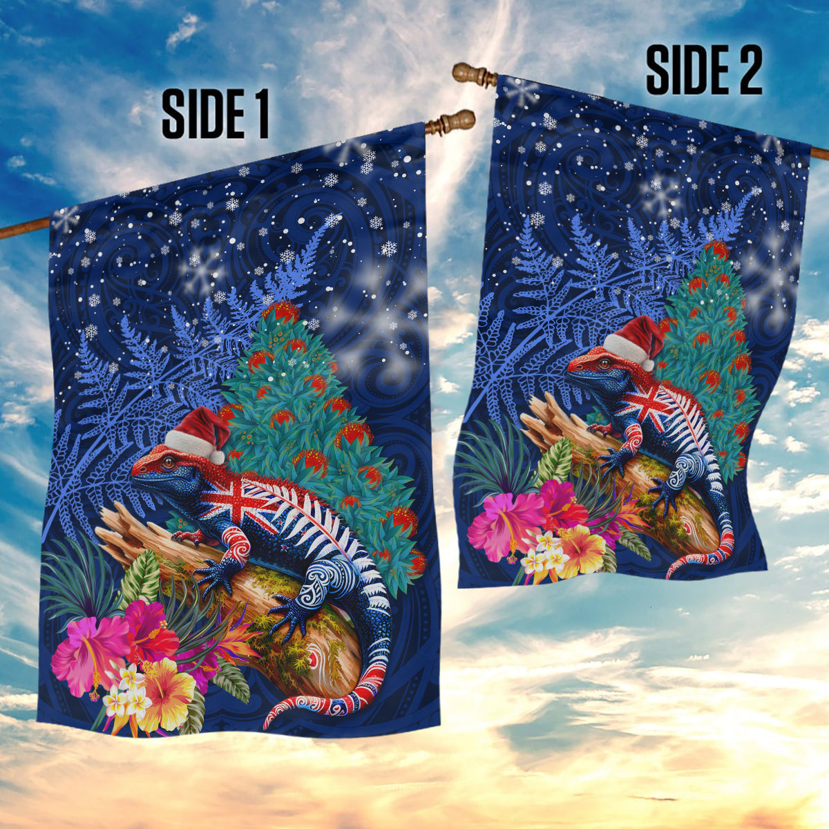 New Zealand Tuatara Christmas Garden Flag Silver Fern and Xmas Pohutukawa Tree Blue Color LT03 - Polynesian Pride