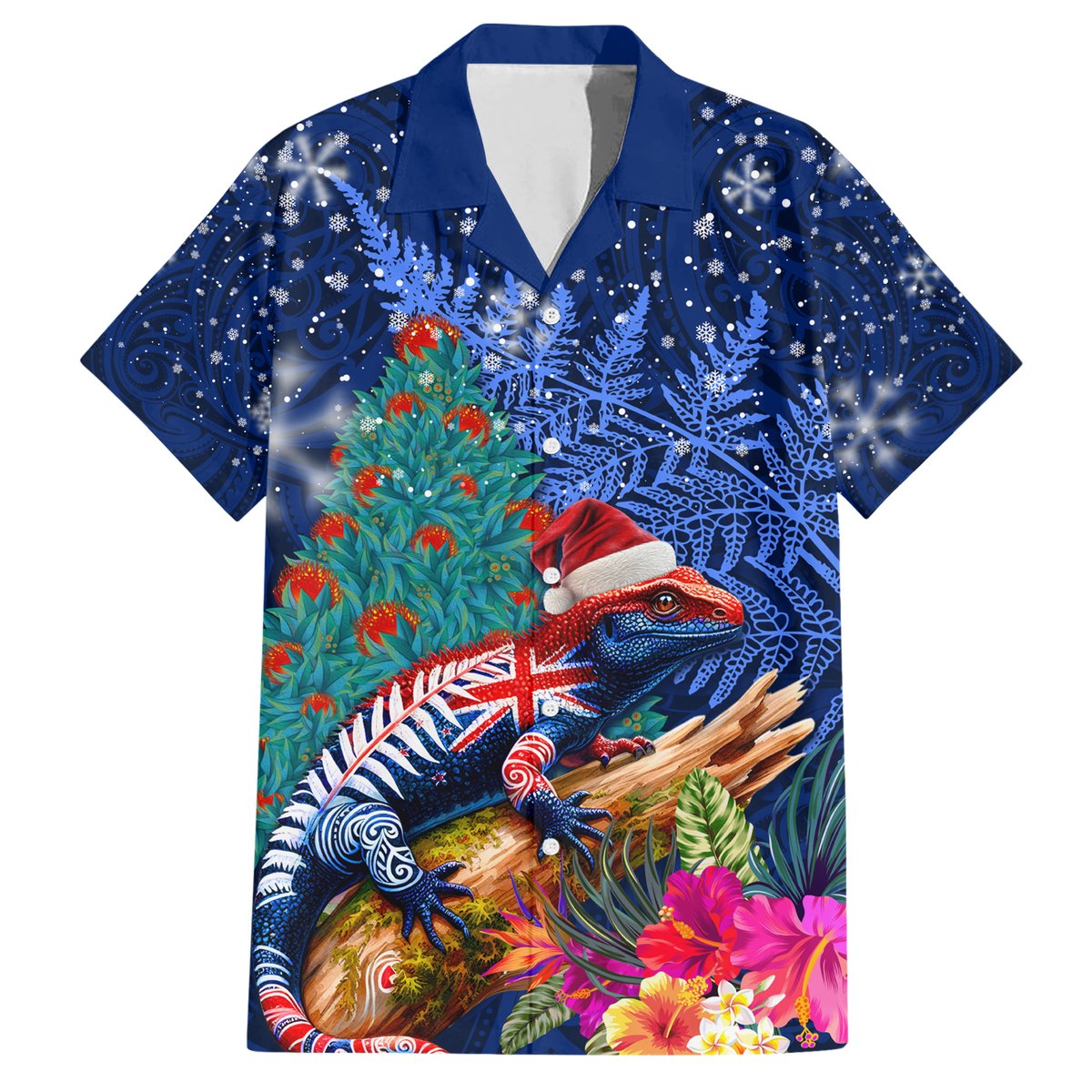 New Zealand Tuatara Christmas Hawaiian Shirt Silver Fern and Xmas Pohutukawa Tree Blue Color LT03 Blue - Polynesian Pride