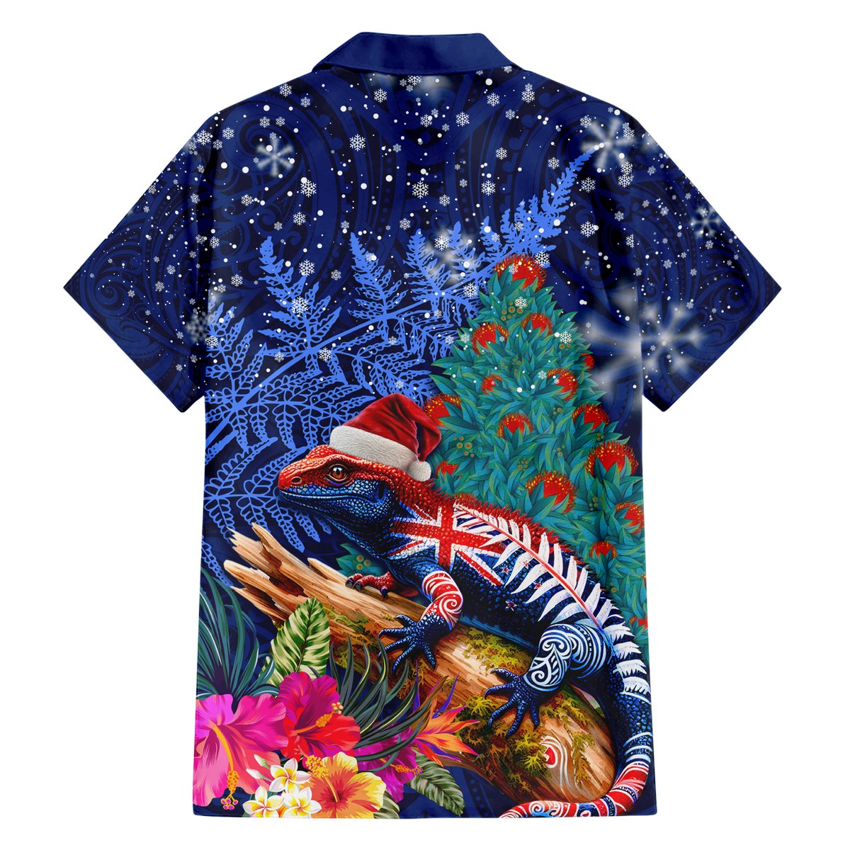 New Zealand Tuatara Christmas Hawaiian Shirt Silver Fern and Xmas Pohutukawa Tree Blue Color LT03 - Polynesian Pride