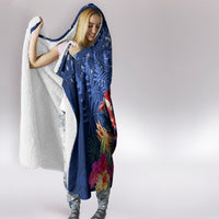 New Zealand Tuatara Christmas Hooded Blanket Silver Fern and Xmas Pohutukawa Tree Blue Color LT03 - Polynesian Pride