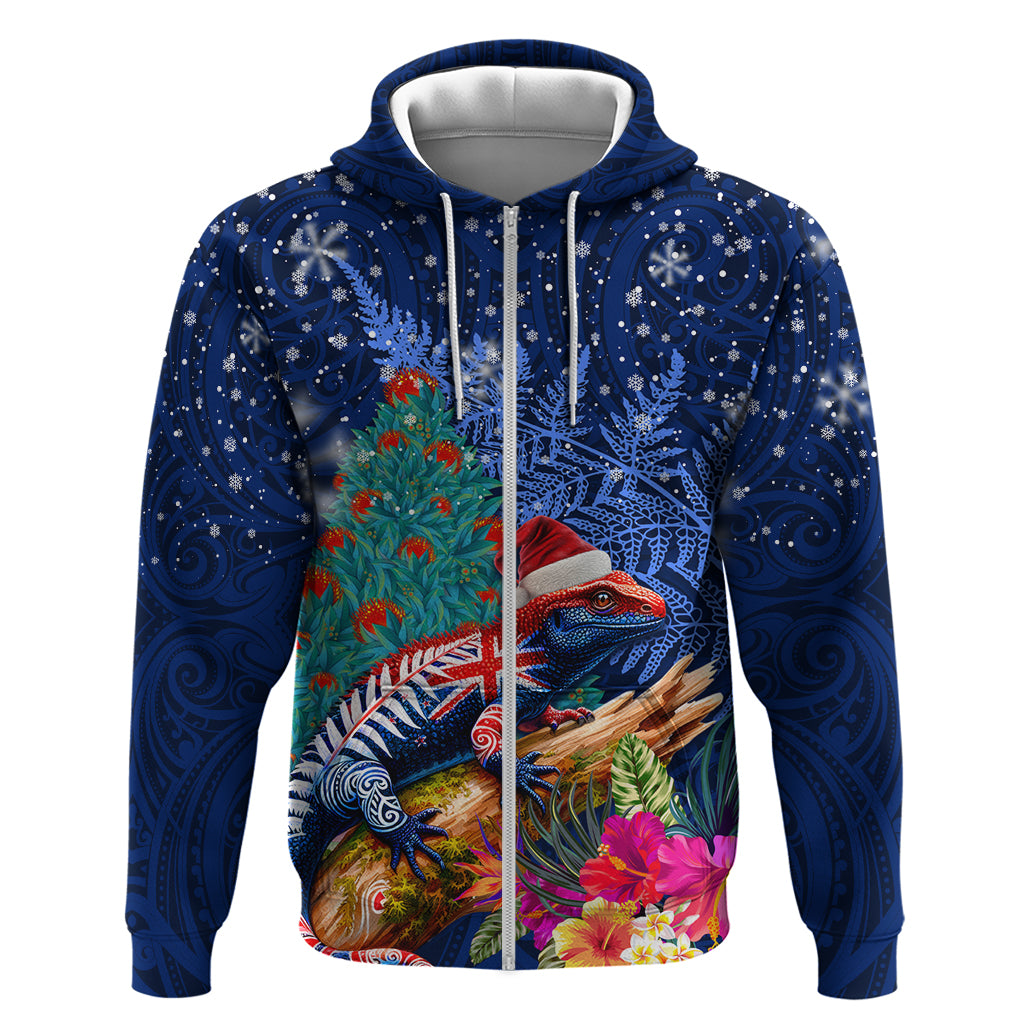 New Zealand Tuatara Christmas Hoodie Silver Fern and Xmas Pohutukawa Tree Blue Color LT03 Zip Hoodie Blue - Polynesian Pride