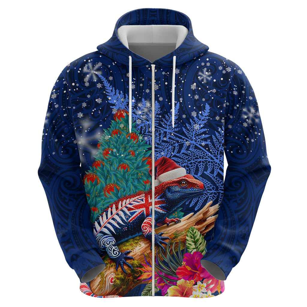 New Zealand Tuatara Christmas Hoodie Silver Fern and Xmas Pohutukawa Tree Blue Color LT03 - Polynesian Pride