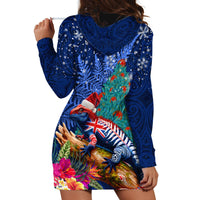 New Zealand Tuatara Christmas Hoodie Dress Silver Fern and Xmas Pohutukawa Tree Blue Color LT03 - Polynesian Pride