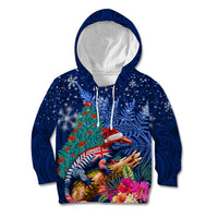 New Zealand Tuatara Christmas Kid Hoodie Silver Fern and Xmas Pohutukawa Tree Blue Color LT03 Hoodie Blue - Polynesian Pride
