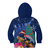 New Zealand Tuatara Christmas Kid Hoodie Silver Fern and Xmas Pohutukawa Tree Blue Color LT03 - Polynesian Pride