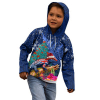 New Zealand Tuatara Christmas Kid Hoodie Silver Fern and Xmas Pohutukawa Tree Blue Color LT03 - Polynesian Pride