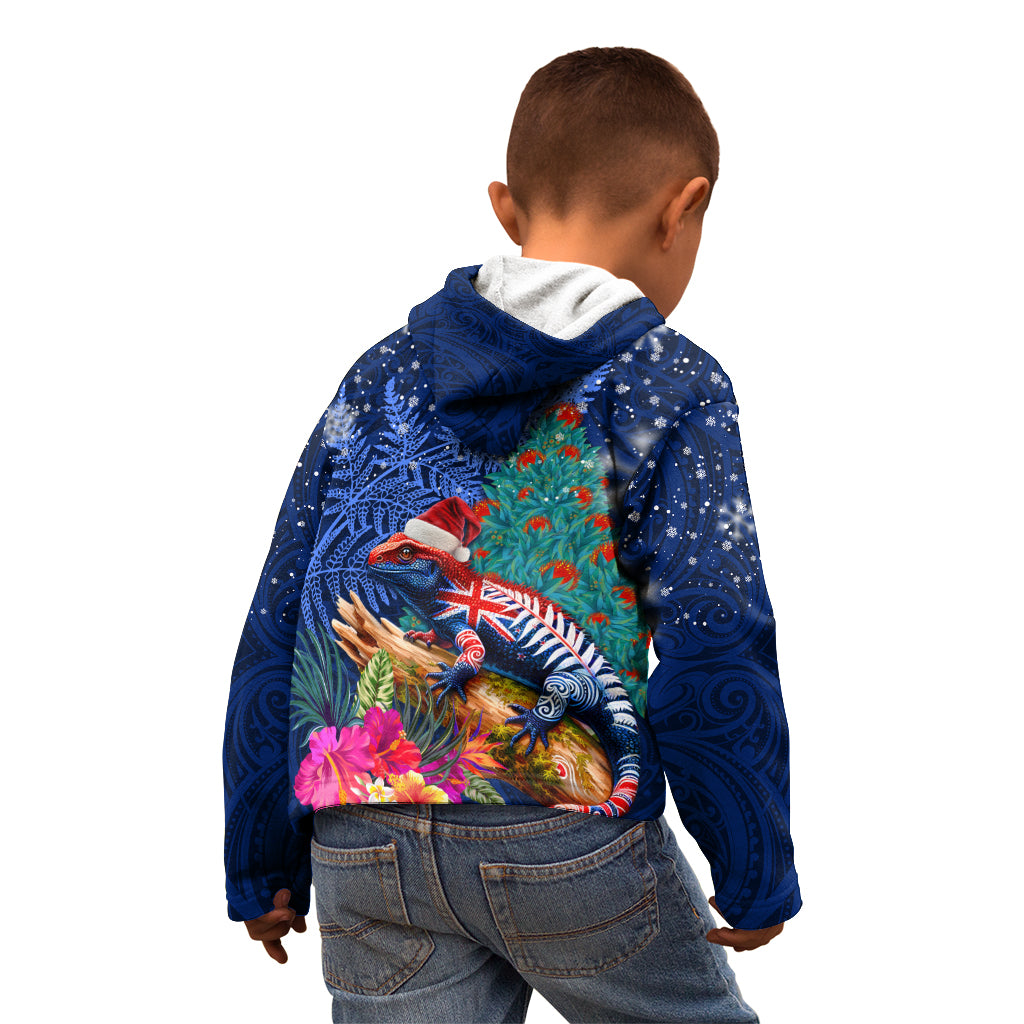 New Zealand Tuatara Christmas Kid Hoodie Silver Fern and Xmas Pohutukawa Tree Blue Color LT03 - Polynesian Pride