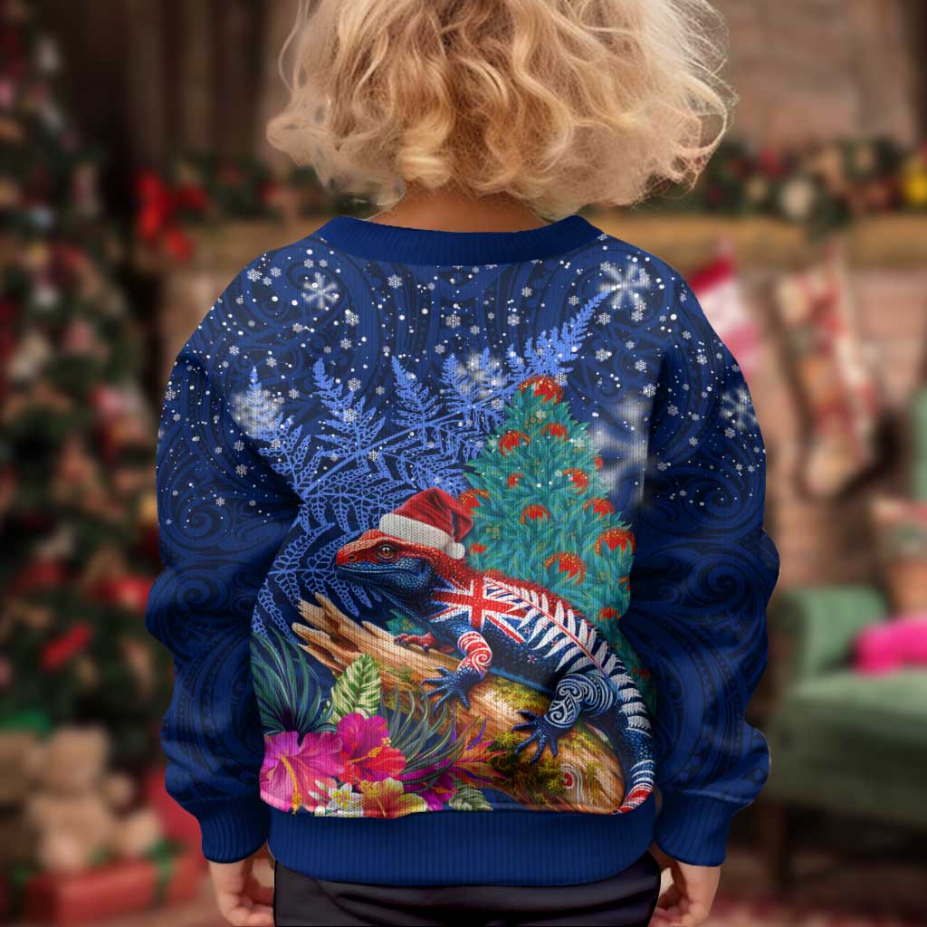 New Zealand Tuatara Christmas Kid Ugly Christmas Sweater Silver Fern and Xmas Pohutukawa Tree Blue Color LT03 - Polynesian Pride