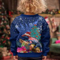 New Zealand Tuatara Christmas Kid Ugly Christmas Sweater Silver Fern and Xmas Pohutukawa Tree Blue Color LT03 - Polynesian Pride