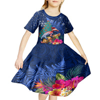 New Zealand Tuatara Christmas Kid Short Sleeve Dress Silver Fern and Xmas Pohutukawa Tree Blue Color LT03 - Polynesian Pride