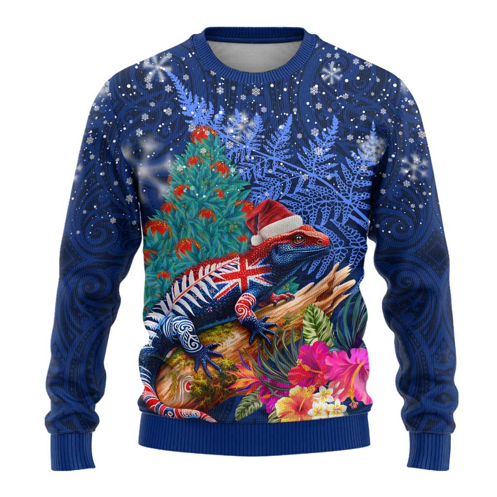 New Zealand Tuatara Christmas Ugly Christmas Sweater Silver Fern and Xmas Pohutukawa Tree Blue Color LT03 - Polynesian Pride