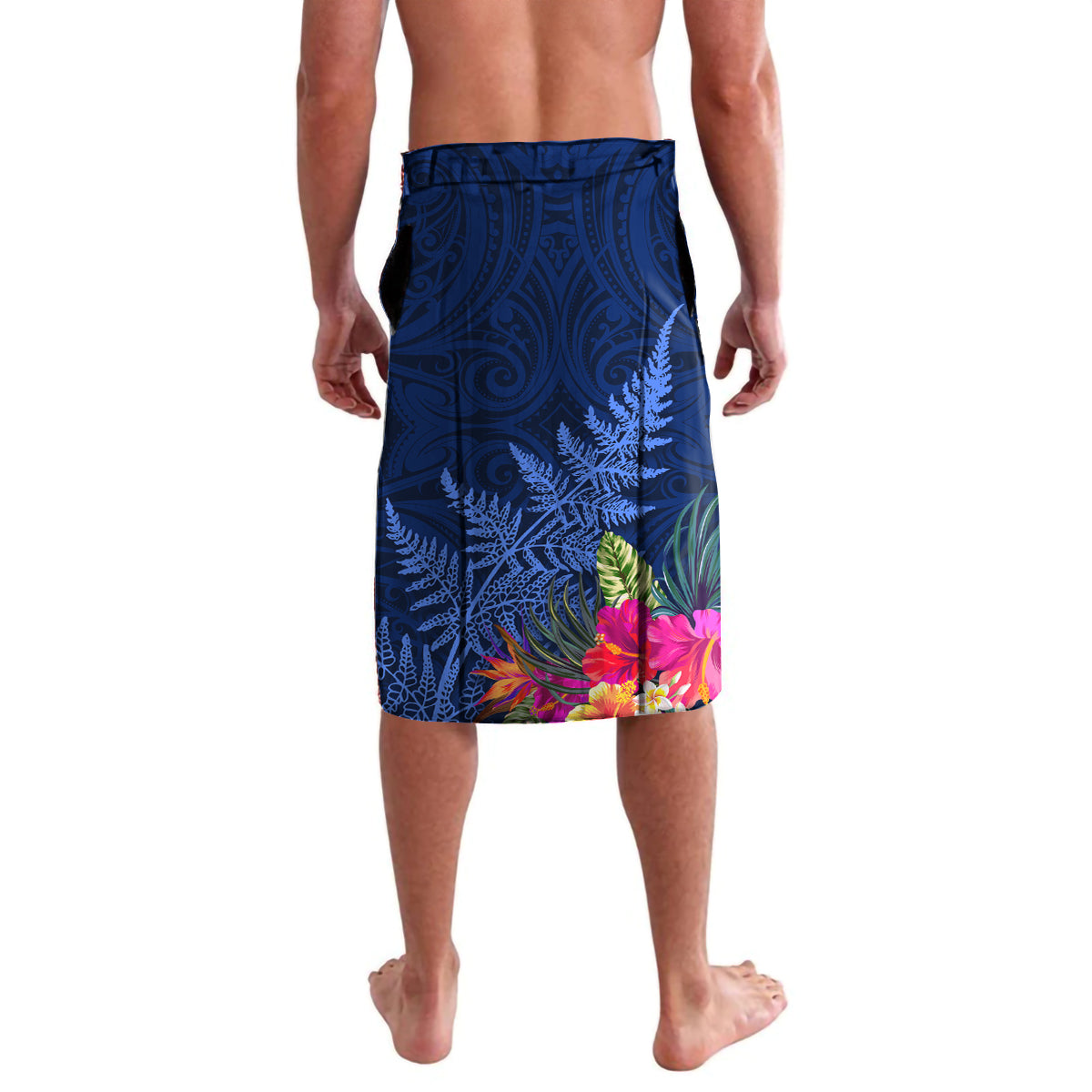 New Zealand Tuatara Christmas Lavalava Silver Fern and Xmas Pohutukawa Tree Blue Color LT03 - Polynesian Pride