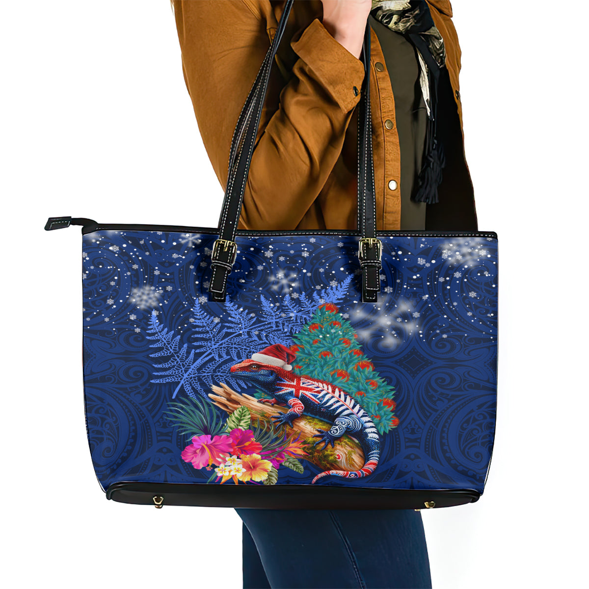 New Zealand Tuatara Christmas Leather Tote Bag Silver Fern and Xmas Pohutukawa Tree Blue Color LT03 - Polynesian Pride
