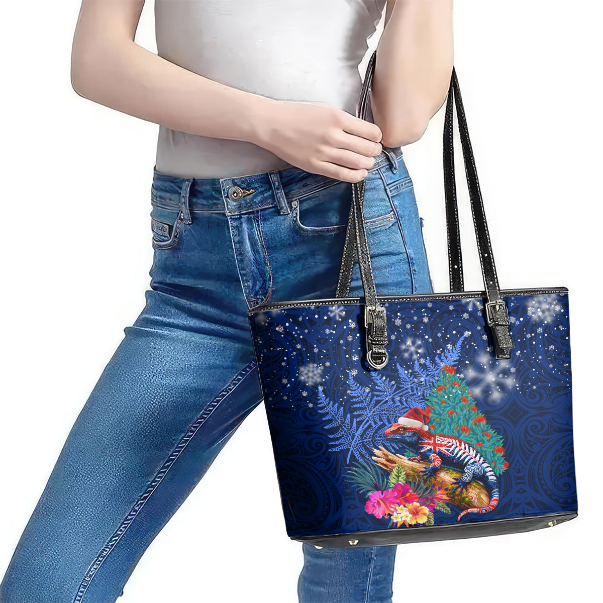 New Zealand Tuatara Christmas Leather Tote Bag Silver Fern and Xmas Pohutukawa Tree Blue Color LT03 - Polynesian Pride