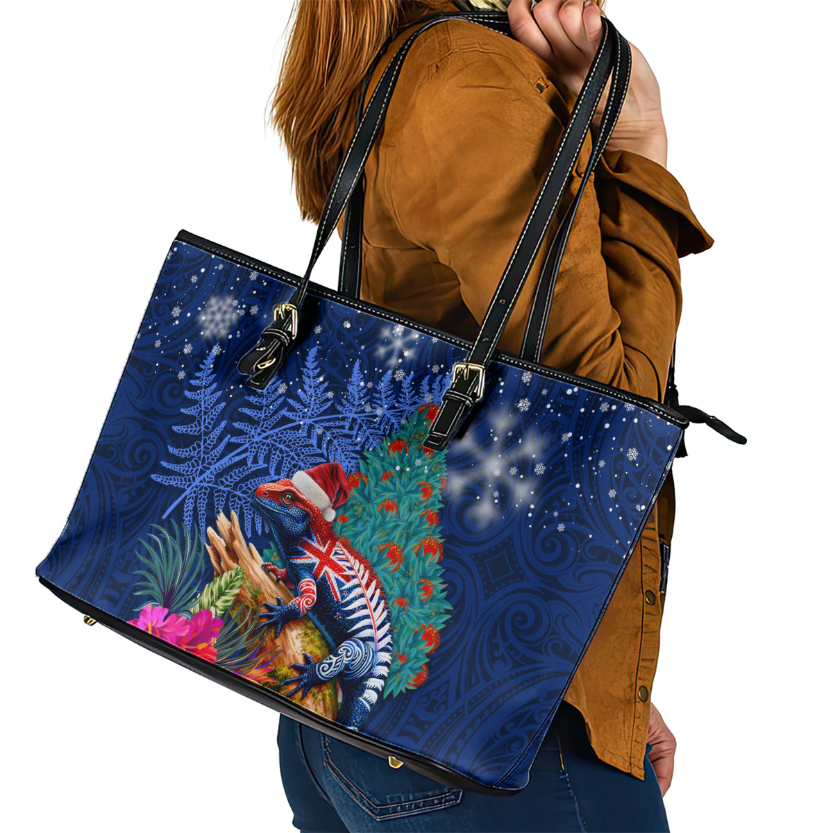 New Zealand Tuatara Christmas Leather Tote Bag Silver Fern and Xmas Pohutukawa Tree Blue Color LT03 - Polynesian Pride