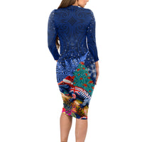 New Zealand Tuatara Christmas Long Sleeve Bodycon Dress Silver Fern and Xmas Pohutukawa Tree Blue Color LT03 - Polynesian Pride