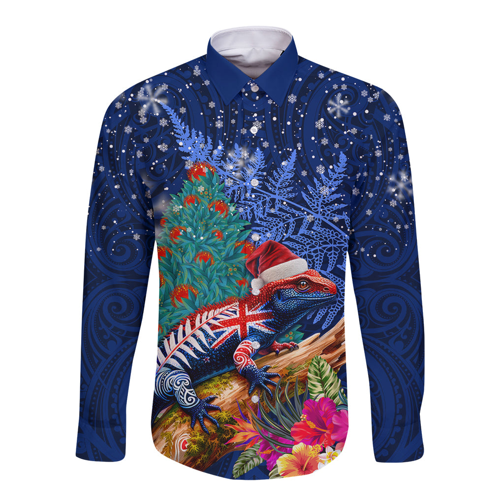 New Zealand Tuatara Christmas Long Sleeve Button Shirt Silver Fern and Xmas Pohutukawa Tree Blue Color LT03 Unisex Blue - Polynesian Pride