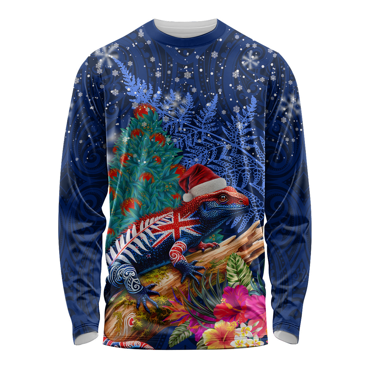 New Zealand Tuatara Christmas Long Sleeve Shirt Silver Fern and Xmas Pohutukawa Tree Blue Color LT03 Unisex Blue - Polynesian Pride
