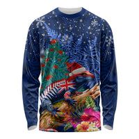 New Zealand Tuatara Christmas Long Sleeve Shirt Silver Fern and Xmas Pohutukawa Tree Blue Color LT03 Unisex Blue - Polynesian Pride