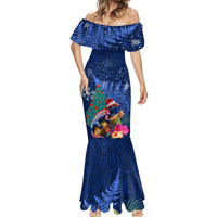New Zealand Tuatara Christmas Mermaid Dress Silver Fern and Xmas Pohutukawa Tree Blue Color LT03 - Polynesian Pride