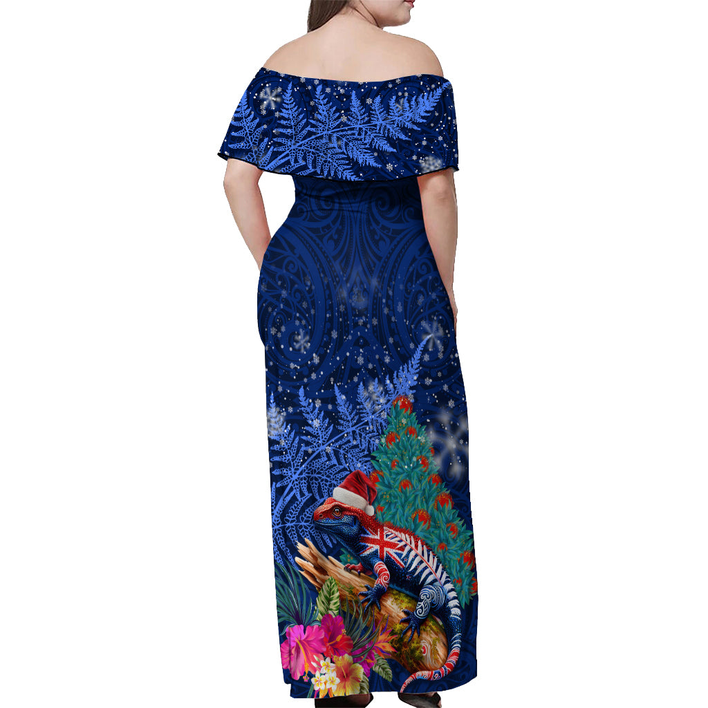 New Zealand Tuatara Christmas Off Shoulder Maxi Dress Silver Fern and Xmas Pohutukawa Tree Blue Color LT03 - Polynesian Pride