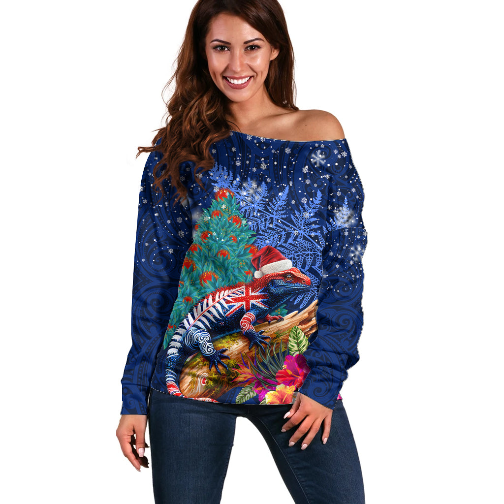 New Zealand Tuatara Christmas Off Shoulder Sweater Silver Fern and Xmas Pohutukawa Tree Blue Color LT03 Women Blue - Polynesian Pride