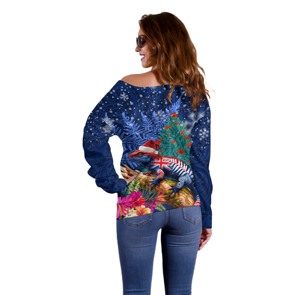 New Zealand Tuatara Christmas Off Shoulder Sweater Silver Fern and Xmas Pohutukawa Tree Blue Color LT03 - Polynesian Pride