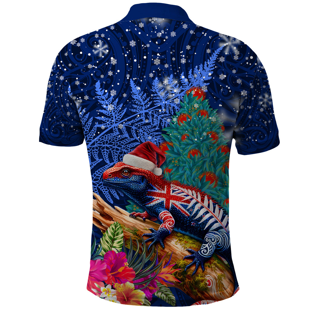 New Zealand Tuatara Christmas Polo Shirt Silver Fern and Xmas Pohutukawa Tree Blue Color LT03 - Polynesian Pride