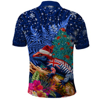 New Zealand Tuatara Christmas Polo Shirt Silver Fern and Xmas Pohutukawa Tree Blue Color LT03 - Polynesian Pride