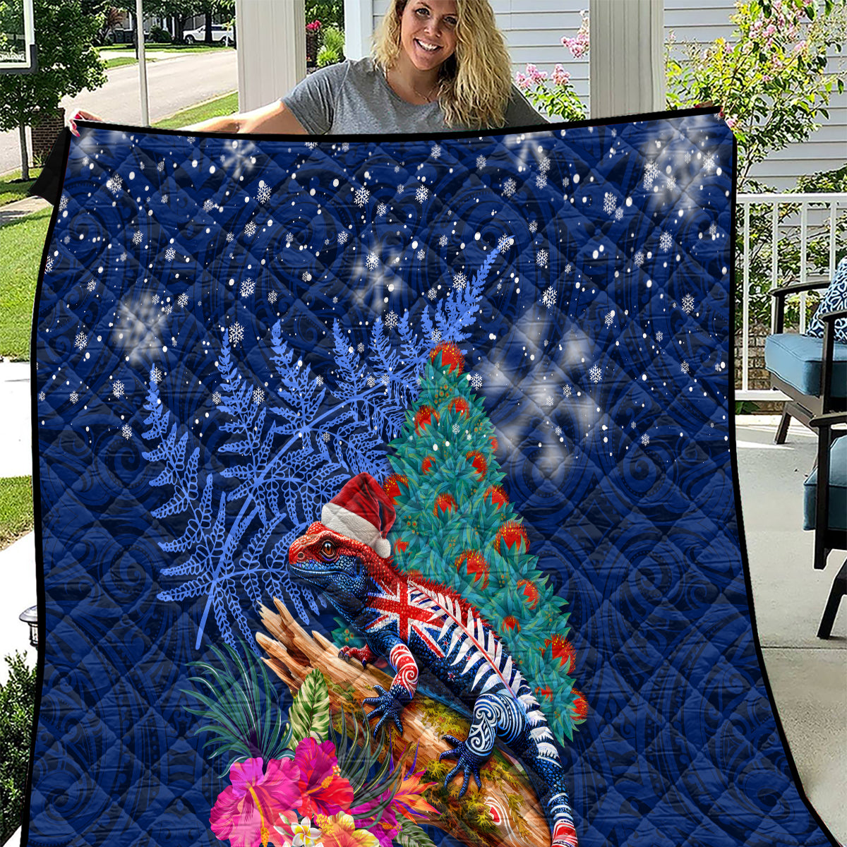 New Zealand Tuatara Christmas Quilt Silver Fern and Xmas Pohutukawa Tree Blue Color LT03 Blue - Polynesian Pride