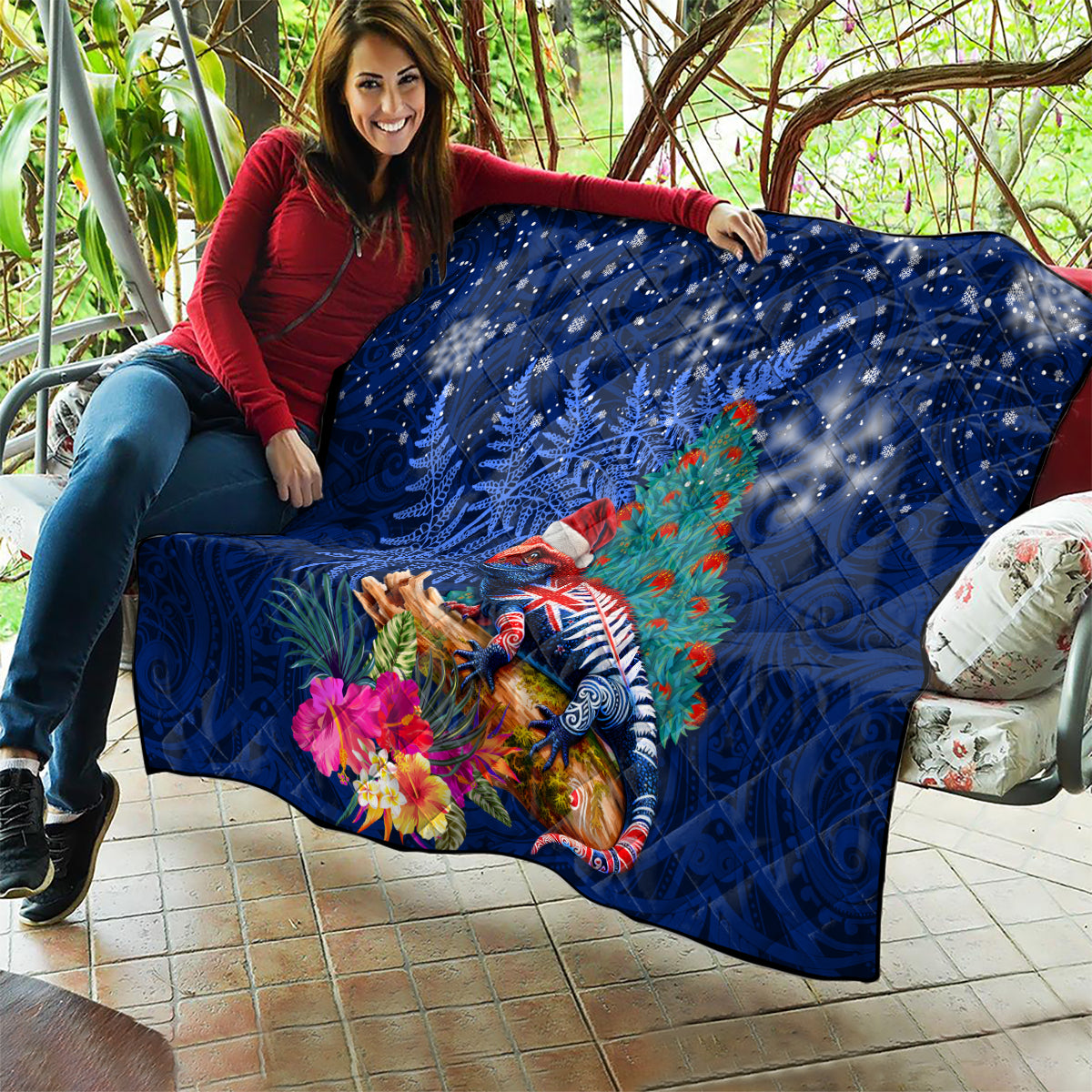 New Zealand Tuatara Christmas Quilt Silver Fern and Xmas Pohutukawa Tree Blue Color LT03 - Polynesian Pride