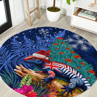 New Zealand Tuatara Christmas Round Carpet Silver Fern and Xmas Pohutukawa Tree Blue Color LT03 Blue - Polynesian Pride