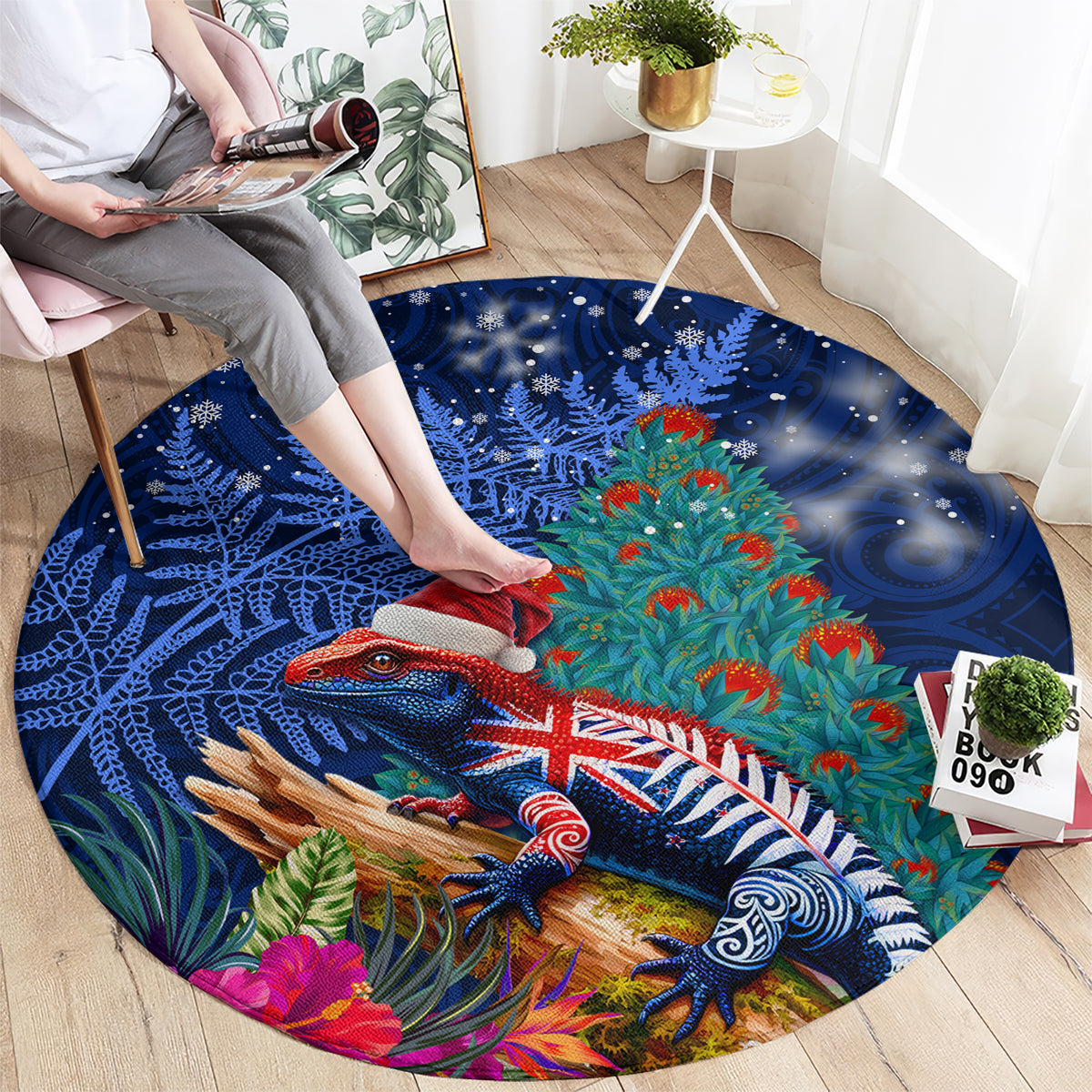 New Zealand Tuatara Christmas Round Carpet Silver Fern and Xmas Pohutukawa Tree Blue Color LT03 - Polynesian Pride