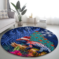 New Zealand Tuatara Christmas Round Carpet Silver Fern and Xmas Pohutukawa Tree Blue Color LT03 - Polynesian Pride