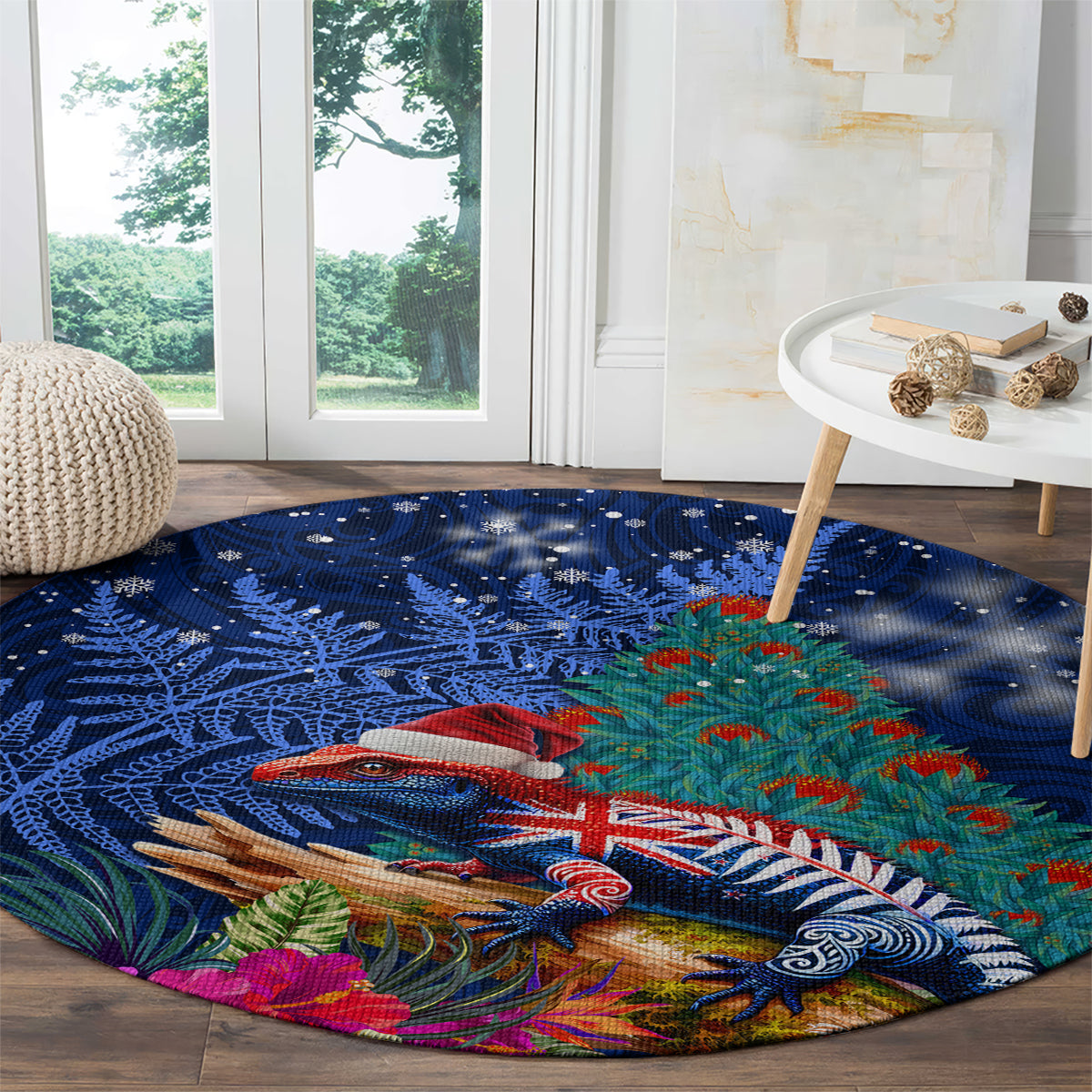 New Zealand Tuatara Christmas Round Carpet Silver Fern and Xmas Pohutukawa Tree Blue Color LT03 - Polynesian Pride